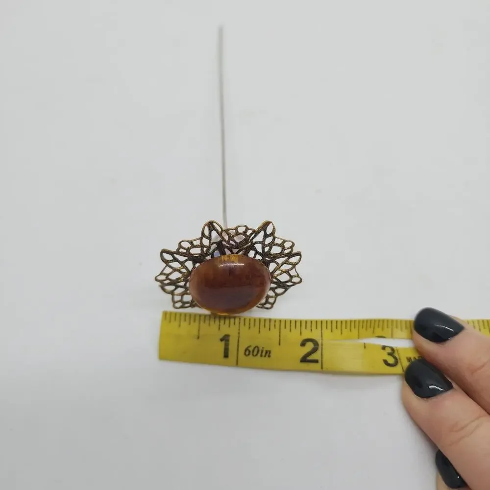 Vintage Lucite Hat Pin Brown Cabochon Filigree Art Glass Bead Long Estate Ornate